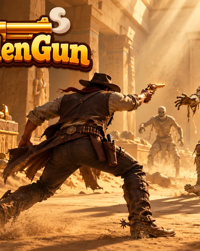 Gunslinger facing a horde of mummies inside a golden tomb