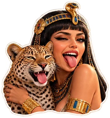 Queen hugging her laughing leopard
